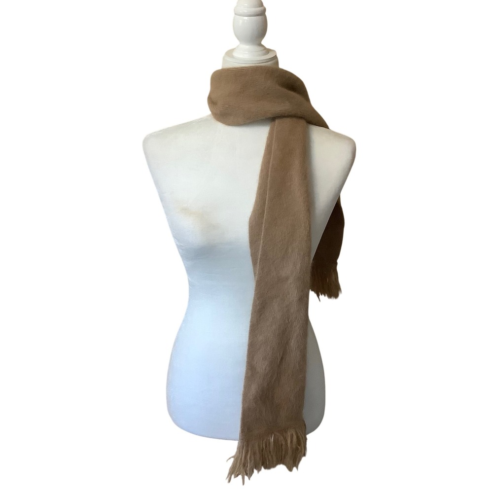 Fuzzy Tan Angora Wool Blend Knit Fringe Scarf Camel Winter Wrap 60"x7"